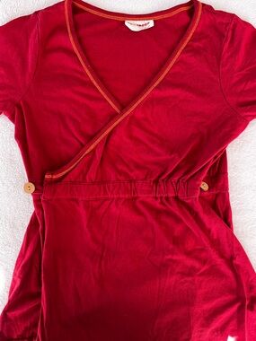 Boho hippie Organic cotton Red Wrap-Style Short Sleeve elbow length top